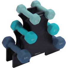 Cecotec Set aus 6 hexagonal geformten Sweatproof Hanteln von 1, 2 und 3 kg DrumFit Dumbbell 123 Neoprene Set. Hochgriffige Neoprenbeschichtung, geeignet für alle Arten von Benutzern, inklusive Ständer