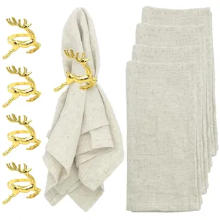 4er Pack Weihnachten Stoffservietten Beige, Leinenservietten mit 4 Serviettenringe Gold Elch, Leinen Tischdecke, für Täglichen Gebrauch Zuhause Party Hochzeiten,Tisch deko,40X40cm