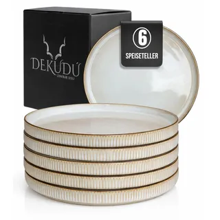 DEKUDÙ Speiseteller Essteller Steingut Teller set - Handgefertigt - Hochwertiges Steinzeug- 6 Stück - Ø 26 cm - Steingut Geschirr Set - Spülmaschinen Mikrowellen Kratzfest -Modern - Beige