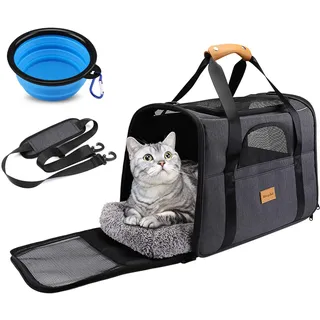 Morpilot Hundetasche Transportbox, Atmungsaktive und Faltbare Hundebox, Katzen transportboxen mit Verstellbarem Schultergurt, Katzentransportkäfig mit Abnehmbarer Plüschmatratze + Schüssel