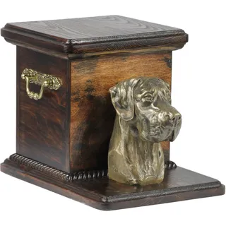 Deutsche Dogge, Ulmer Dogge, Große Dogge II - Eine Urne für die Asche eines Hundes mit einer Statuette, eine elegante Urne für einen Hund, eine außergewöhnliche Urne mit dem Porträt eines Hundes von d