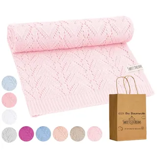 Mikos* 100% Bio-Baumwoll Leichte Babydecke - Ajourmuster - Perfekt für Sommer & Frühling - Strickdecke für Babys, Kinder und Neugeborene Hypoallergen 80x100cm (28) (Hellrosa)