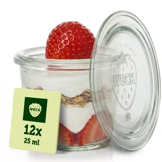 Weck Gläser 25ml – 12er Set mit Deckeln – Sturzform – robuste, stapelbare Dessertgläser, Einkoch- & Einmachgläser – klein – Weckglas ideal für Nachtisch – Made in Germany