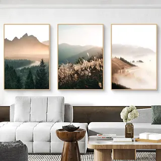 Ueiwffzo 3er Poster Set Landschaft Berge Natur Pampasgras Bilder, Modern Wandbilder Wanddeko, Leinwandbilder für Wohnzimmer Schlafzimmer, Ohne Rahmen (50x70cm)