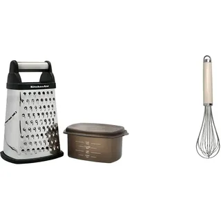 KitchenAid Vierkantreibe, 4-seitige Käsereibe aus Edelstahl mit Hobel, Reibe und Zesteur & Schneebesen, manueller Schaumschläger aus Edelstahl – Almond Creme