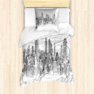 ABAKUHAUS New York Mantele, Flüchtiges NYC Stadtbild, Milbensicher Allergiker geeignet mit Kissenbezügen, 135 cm x 200 cm - 80 x 80 cm, Grau weiß