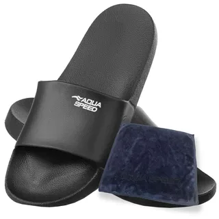 Aqua Speed - Badelatschen Ohio + kl. Fasertuch | Damen und Herren | Duschsandalen | Badeschlappen, Farbe:Schwarz, Größe:42