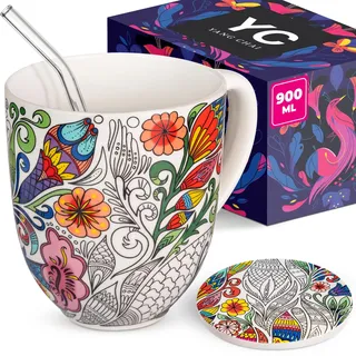YC YANG CHAI Jumbotasse 900ml - große Tasse aus Knochen Porzellan - XXL Teetasse Geschenkset mit Untersetzer - Tasse Geschenk - Jumbobecher, Riesen Becher - Weihnachtsgeschenke, Geburtstagsgeschenk