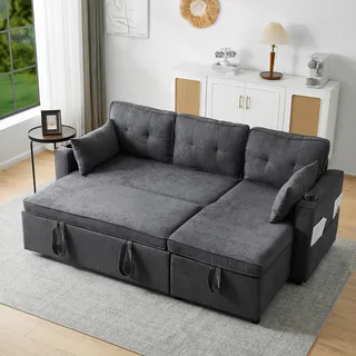 MODFU Schlafsofa Tagesbett mit Schlaffunktion,L-förmiges Sofa Daybettmit Stauraum, Wohnzimmer-Schlafsofa mit Getränkehalter, links und rechts austauschbar, Grau - Grau