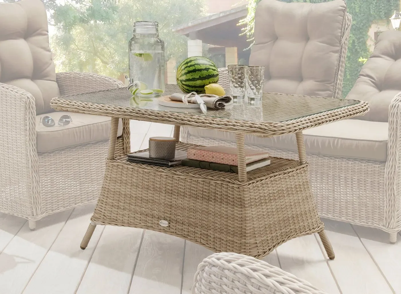 Bild von Gartentisch »MERANO«, Polyrattan, 120x77x66cm, mit aufgelegter Glasplatte, beige