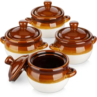 LOVECASA Onion Soup Bowls, French Onion Soup Crocks, 4 Stück Steingut Suppenschalen mit Deckel, 660ml Suppentassen mit Henkel für Zwiebelsuppe, Eintöpfe, Kasserolle