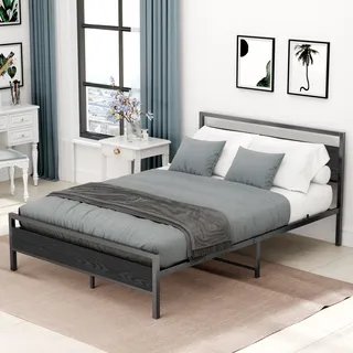 okwish Metallbett modernes 140 x 200 cm mit Lattenrost, Doppelbett klassisches Bett, geeignet für Gästezimmerbett, Jugendzimmerbett (Schwarz,Mit Matratze) - Schwarz