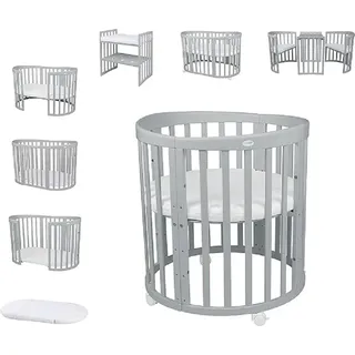 Waldin Babybett OWAL Kinderbett 7in1 mit Matratze, mitwachsendes Kinder-Bett,Ohne Stoffset,Holz grau - Grau
