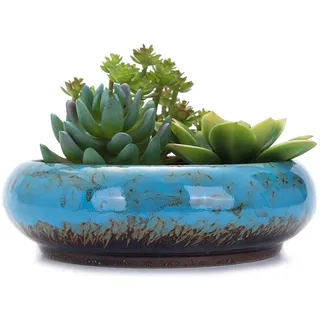 VanEnjoy 18,5 cm runde große Flache Sukkulenten-Übertöpfe aus Keramik, glasiert, mit Ablaufloch, Bonsaitöpfe, Garten, dekorativer Kaktusständer, Blumenbehälter (blau)
