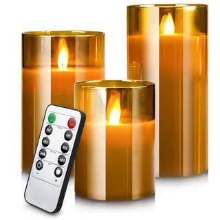 Led Kerzen Weiß, 3 Stücke 10-15CM mit Timerfunktion, Draussen Led Kerzen Flackernde Flamme mit Glas, Bewegliche Flamme Powered by Battery (Braun)