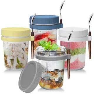 UHAPEER Glas Müslibecher to go mit Deckel und Löffel, 4er Set joghurtbecher to go mit Deckel und Löffel, 350ml Einmachgläser Overnight Oats Gläser, Salatbecher für Jogurt, porridge, cornflakes, muesli