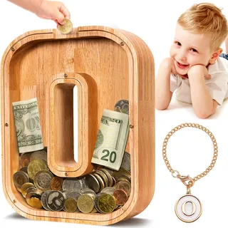 Summidate Spardose für Kinder Junge, Personalisiert Holz Großes Sparschwein, Unzerbrechliches Buchstabe A-Z Sparbüchse für Kinder Mädchen, Erwachsene, Geschenk&Dekoration