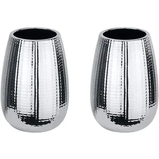 WENKO Zahnputzbecher Dakar Keramik - Zahnbürstenhalter für Zahnbürste und Zahnpasta, Keramik, 8.3 x 11.6 x 8.3 cm, Chrom (Packung mit 2)