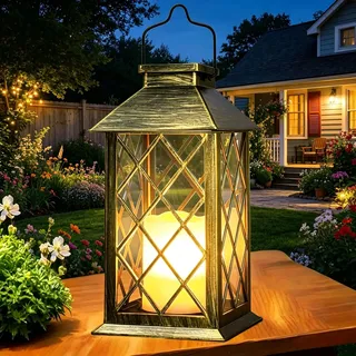 Yowin Solarlaterne für Außen 35cm Große Solarlampen Garten mit Flammeneffekte Kerze, Gewalztes Glas, Hängend Solar Laternen Wasserdicht Tischlampe, Solarleuchten für Terrasse Balkon Deko - Bronze