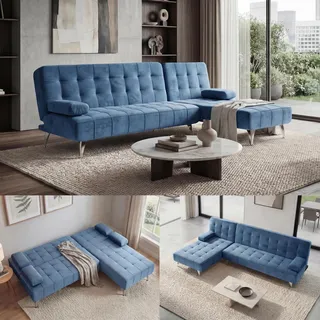 Schlafsofa HWC-K22, Couch Ecksofa Sofa, Liegefläche links/rechts Schlaffunktion 236cm Samt blau - Blau