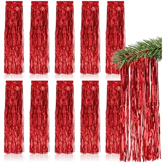 com-four® 10x Lametta Girlande für Weihnachten - Christbaumschmuck für den Tannenbaum - Vorhang Mit Glatten Fäden (Rot - 10 Stück)