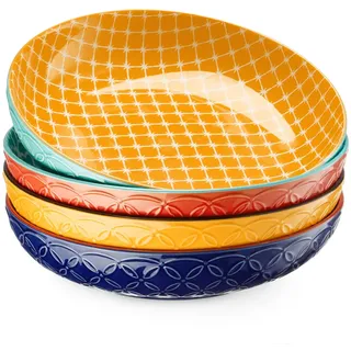 DOWAN Pastateller Groß Tief 4er Set, Ø 21,5 cm Porzellan Suppenteller Tief, Pastaschale Rund, Klassische Nudelteller, Bowl Teller Keramik für Pasta, Nudeln, Suppe, Salat-Lebendige Farben