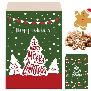 MOMAHUA 100 Stück Weihnachtstüten aus Papier - Mini Papiertüten Weihnachtsgeschenktüten Geschenktüten mit Weihnachtsbaum Design (18x13 cm) für Süßigkeiten, Goodie Bags, Adventskalender und Partybeutel