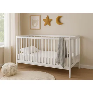 Babybett 120x60 cm aus Holz (Buche) – 3-fach höhenverstellbar, herausnehmbare Sprossen, Weiß - Weiß