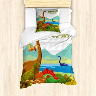 ABAKUHAUS Dinosaurier Mantele, Dino Park lebendig Theme, Milbensicher Allergiker geeignet mit Kissenbezügen, 135 cm x 200 cm - 80 x 80 cm, Mehrfarbig