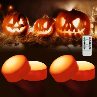 Litake 4pcs Halloween Kürbis Lichter,LED Kürbis Lights Dekoration Helle und Flackernde Flammenlose Kerzen mit Fernbedienungs und Timer,Jack O Lantern Lichter Batteriebetrieben für Halloween Deco