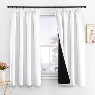 PONY DANCE Doppellagige Gardinen Weiss Blickdicht 2er Set H 160 x B 140 cm 100% Verdunklungsvorhänge mit Kräuselband für Schiene Schlafzimmer Vorhänge Lichtundurchlässig Thermogardine