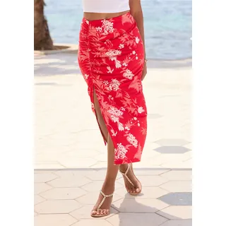 Jerseyrock LASCANA "mit seitlicher Raffung und Schlitz aus Viskose mit Blumendruck", Damen, Gr. 40, rot (rot geblümt), Jersey, Obermaterial: 95% Viskose, 5% Elasthan, bedruckt, geblümt, figurbetont ca. Mitte Wade, Röcke Jerseyrock, luftiger Midirock im Alloverprint, leichter Sommerrock in Midilänge, Topseller