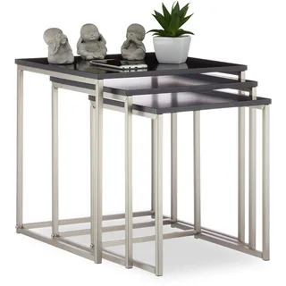 Relaxdays Relaxdays, schwarz/Silber Beistelltisch quadratisch 3er Set, Mattes Stahlgestell, Satztische, MDF, HxBxT: 42x40x40 cm