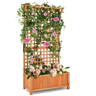 HOMASIS Hochbeet mit Rankgitter & Dach, Blumenkasten mit Spalier & Drainagelöchern, Pflanzkasten Holz, Pflanzkübel Rankkasten Gartenspalier für Balkon, Garten, Terrasse, Orange (90x44,5x183,5cm)