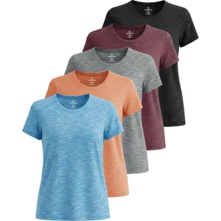 Real Essentials 5er-Pack: Kurzärmeliges Damen-T-Shirt, Workout-Top, Fitness, Pilates, Fitnessstudio, Sportbekleidung (Plus erhältlich), Set 2, Mittel