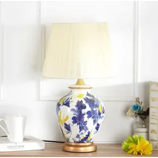 Fine Asianliving Chinesische Tischlampe Porzellan Weiß Abstrakt Blumen Handgefertigt - Aerin D30xH48cm - Weiß