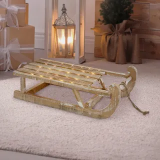 ECD Germany Deko Schlitten aus Holz, 50,5 x 13,5 x 23,5 cm, Braun, Natur, mit LED, Weihnachtsdeko, Weihnachten Dekoration, mit Batterien, Holzschlitten, Holz Deko, Dekoration, Dekoschlitten