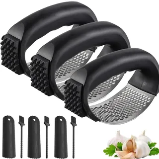Stainless Steel Garlic Press Rocker, Knoblauchpresse Edelstahl, 2in1 Edelstahl Knoblauchwippe mit Silikonschäler Reinigungsbürste für Knoblauch Ingwer Mehr (3)