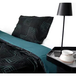 Wendebettwäsche aus Baumwolle mit gepunktetem Muster, Decken- und Kissenbezug 135x200 cm - Schwarz, Weiß, Grün