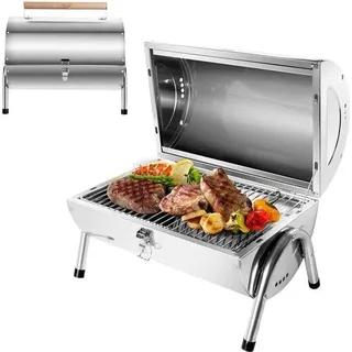 Unyqoos® Klappgrill aus Edelstahl – kompakter, tragbarer Holzkohle-Tischgrill (34 x 21,5 cm) für 3–6 Personen, 180° aufklappbar, Holzgriff, 2,3 kg, Transportdeckel - Silber