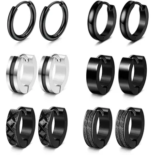 Adramata 6 Paare Herren & Frauen Ohrringe, Edelstahl Creolen, Hoops Earrings Set, Knorpel Helix Piercing Ohr Mode Punk Ohrringe, Creolen Schwarz, für Herren & Damen