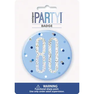 80. Geburtstags-Anstecker - 7,5 cm - Glitzer Blau & Silber Geburtstag