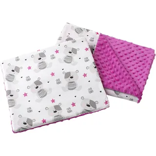 Medi Partners Babydecke Krabbeldecke mit Kissen 100% Baumwolle Minky Kinderdecke 55x75 + 35x30cm multifunktional für Kinderwagen Babyschale Wiege (Teddy mit dunkelrosa Minky)