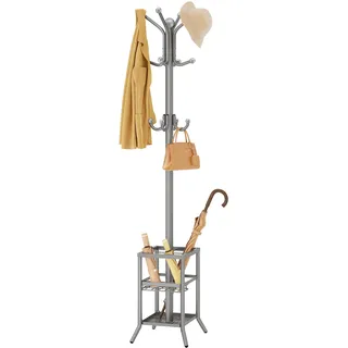 FAVOOSTY Garderobenständer mit Schirmständer, Kleiderständer mit 12 Hooks, Jackenständer Stehend, Coat Rack, Garderobe ständer für Wohnzimmer, Schlafzimmer Silbergrau