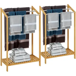 Relaxdays Handtuchhalter stehend, 5 Stangen, Bambus, Edelstahl, Bad Handtuchständer mit Ablage, HBT 87x58,5x36 cm, natur