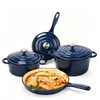 Denmay Emaille Gusseisen Kochgeschirr Set - 7-teiliges inkl. Dutch Oven, Bratpfanne, Schmortopf, Soßentopf, 3 Deckel, Backen Holländisches OfenSet für alle Herdarten geeignet mit Organizer, Marineblau