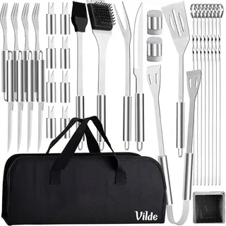 Grillbesteck-Set aus Stahl mit Koffer, 33-teilig. - Silber
