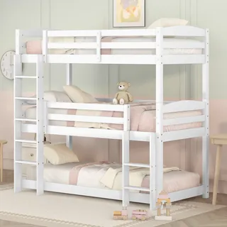 STILVORA Dreier-Etagenbett 90×200 Jugendbett Stockbett für drei Kinder aus Kiefernholz,Mit Absturzsicherung,Weißmit 2*Matratze - Weiß