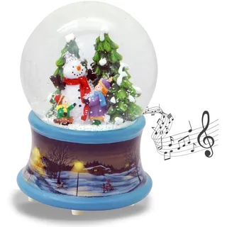 Schneekugel Kinder Bauen Schneemann auf Sockel nostalgische Eisläufer blau Weihnachten Winter mit Spieluhr - 100mm breit * 20204