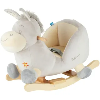 Schaukeltier Esel Fips , Grau, Naturfarben , Holz, Textil , 60x33x48 cm , unisex , Fußstützen, Haltegriffe, gepolsterte Sitzfläche, Gurtsystem , Spielzeug, Schaukeltiere